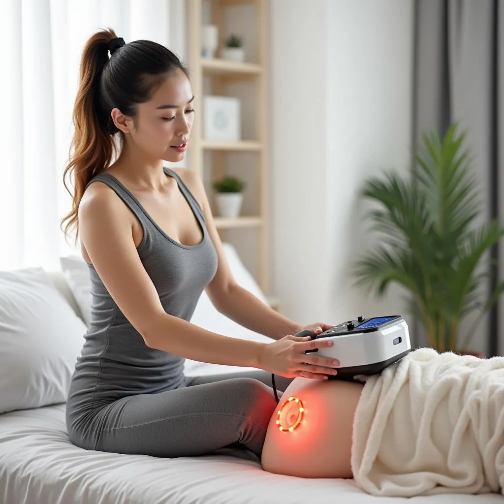 Người phụ nữ đang sử dụng máy massage cơ thể