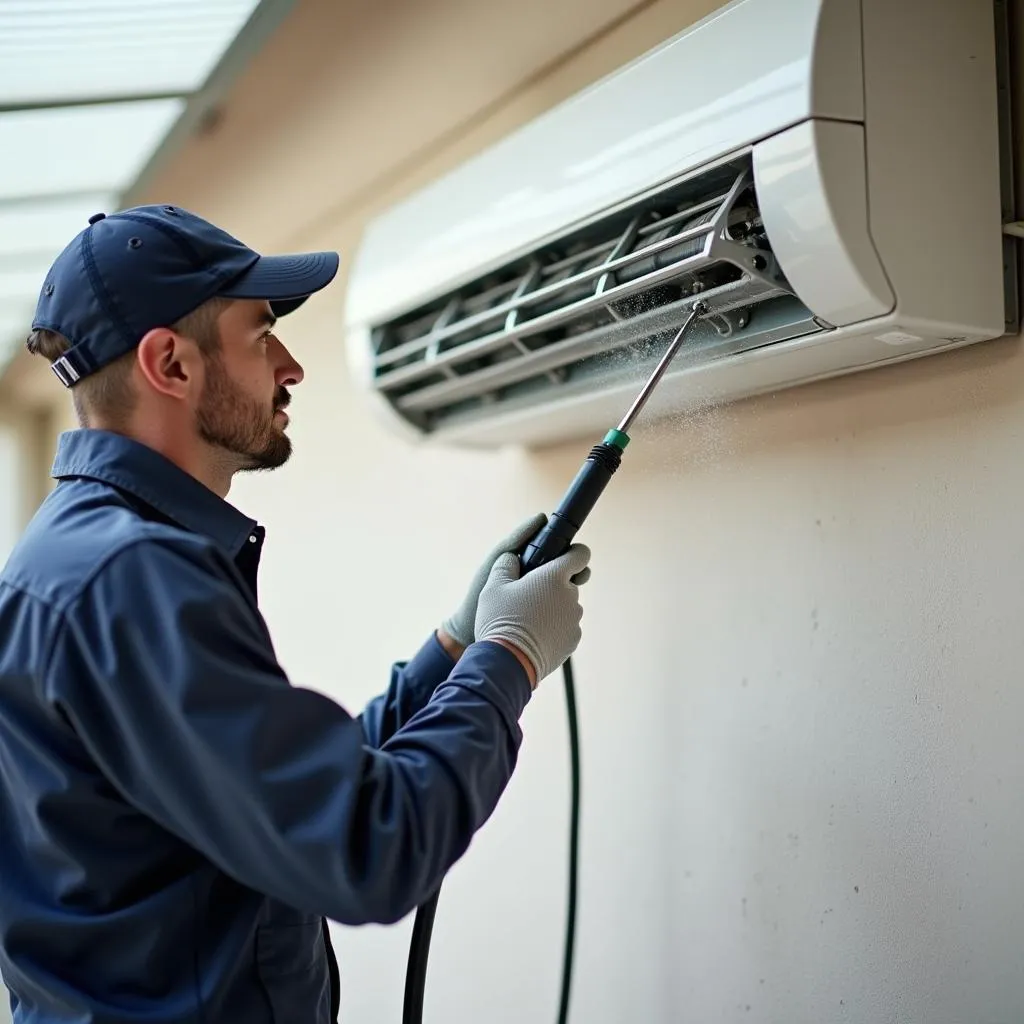 Technician using a high-pressure washer to clean the condenser coils of a wall-mounted air conditioner