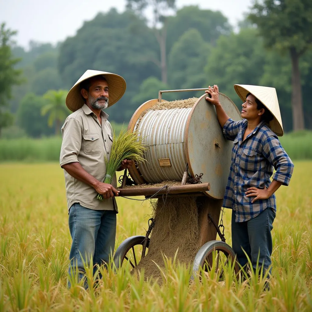 Bà con nông dân sử dụng máy sấy thóc