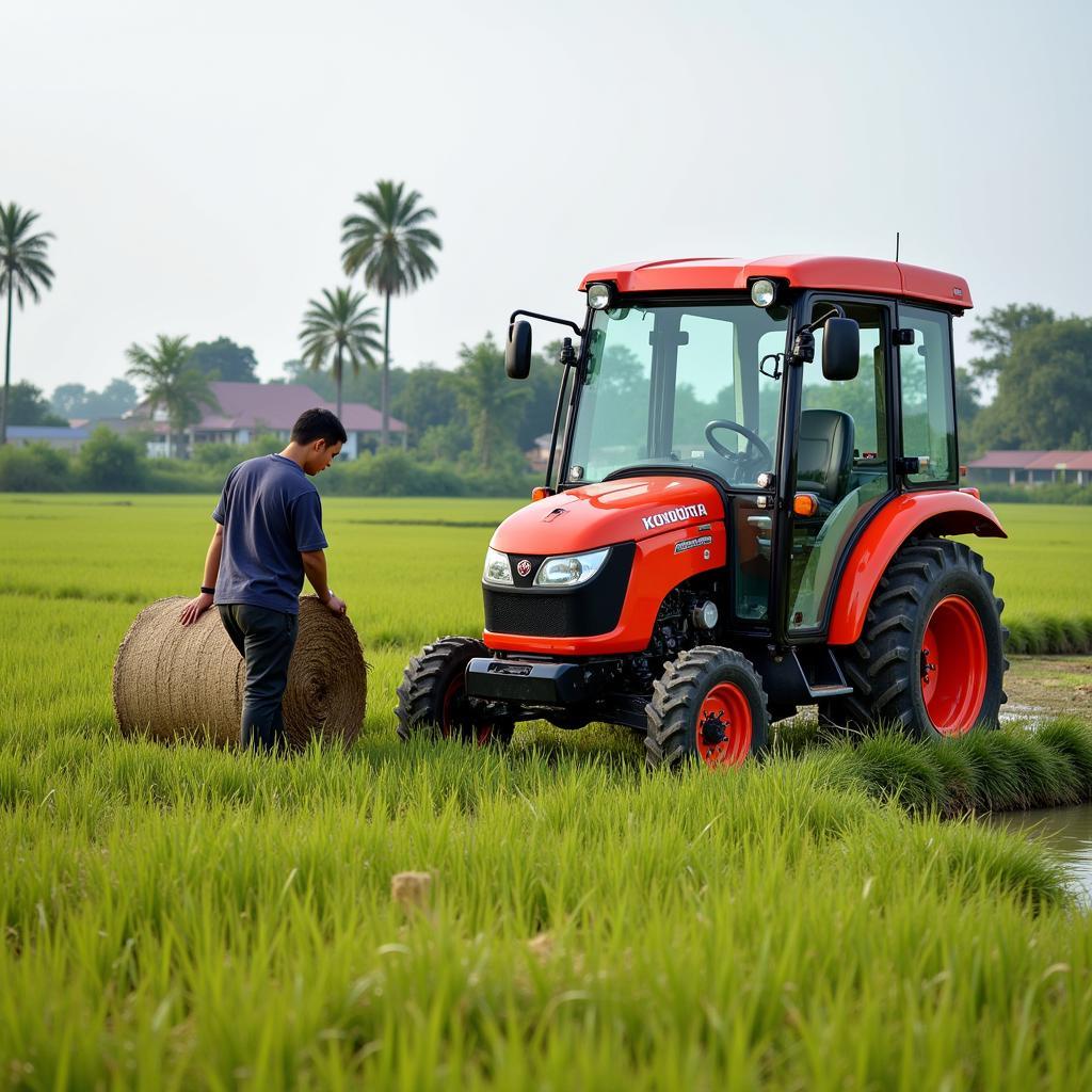 Bác nông dân kiểm tra máy cuốn rơm Kubota