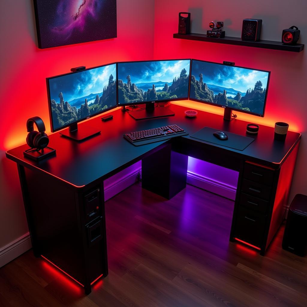 L-shaped gaming desk with RGB lighting