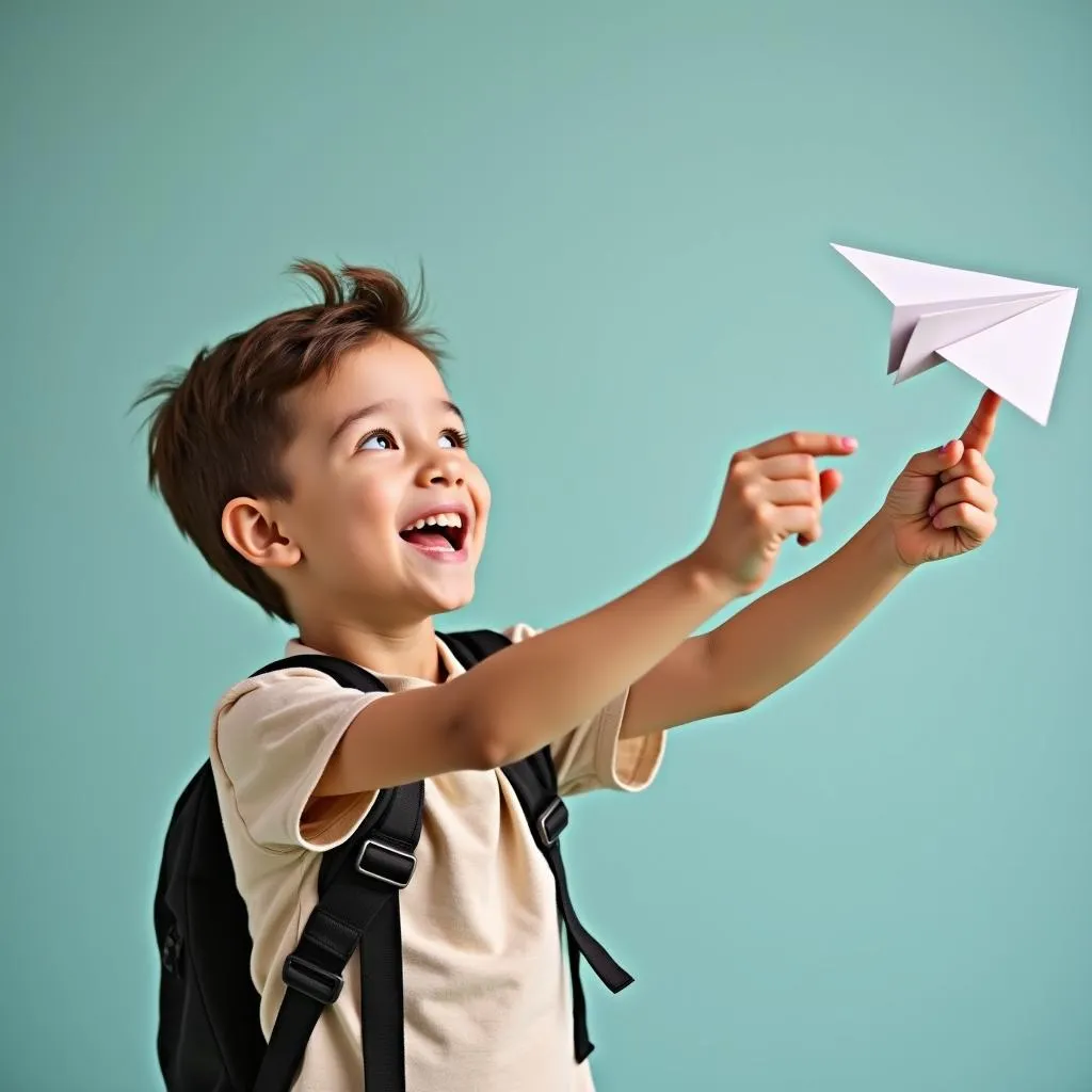 Boy playing with a paper airplane