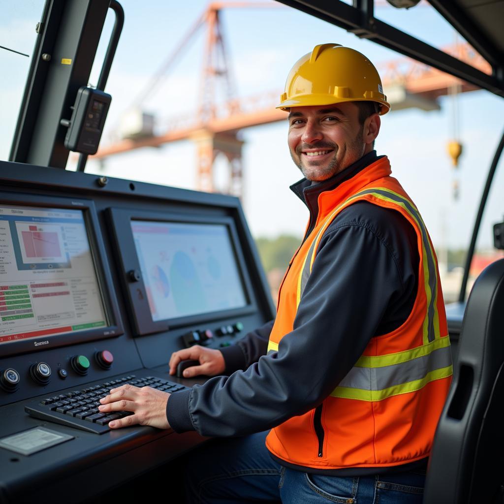 Skilled worker operating a crane with a control panel