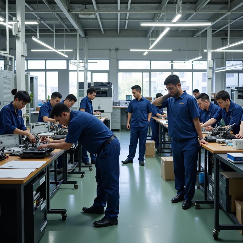 A group of technicians working on repairing printers in a workshop