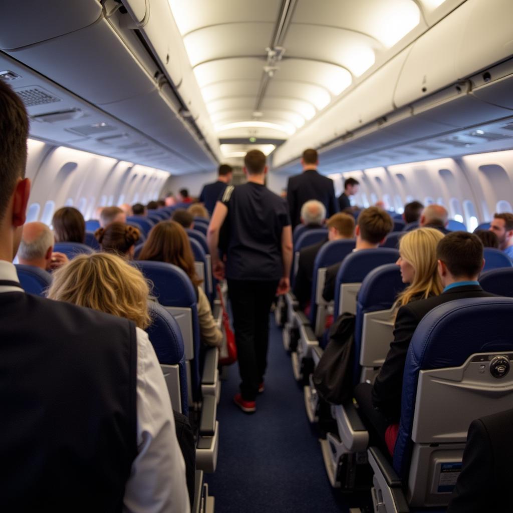 Passengers navigating the airplane aisle