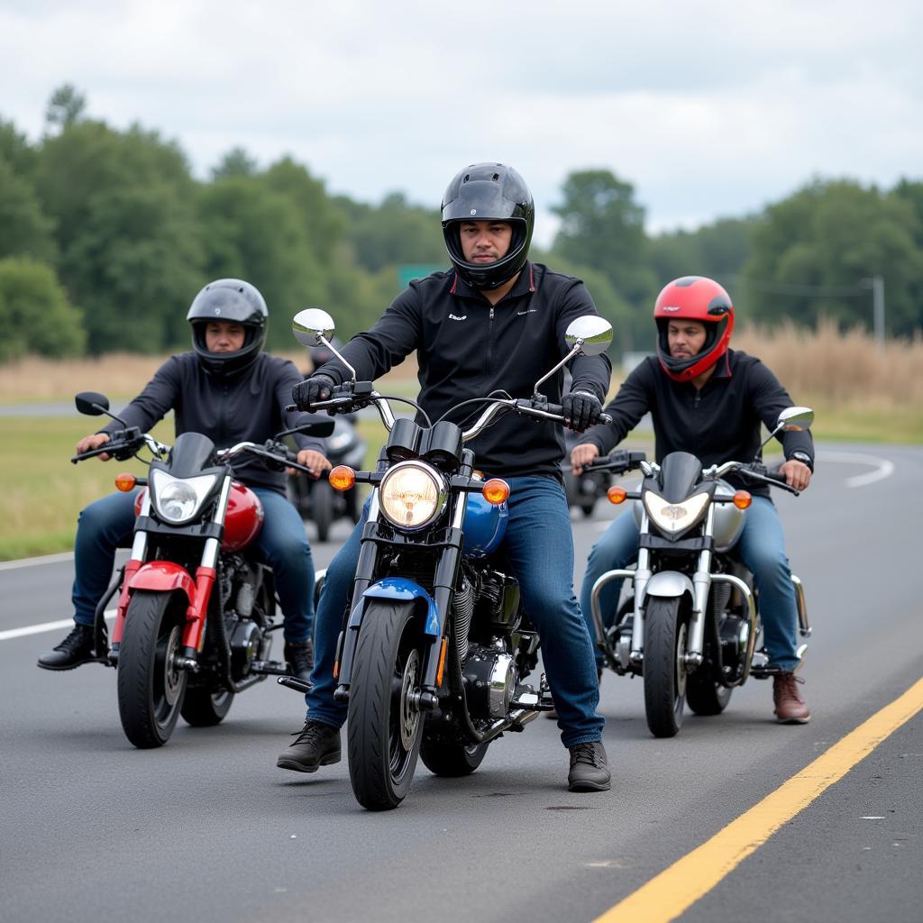 Students practicing motorcycle riding with instructor