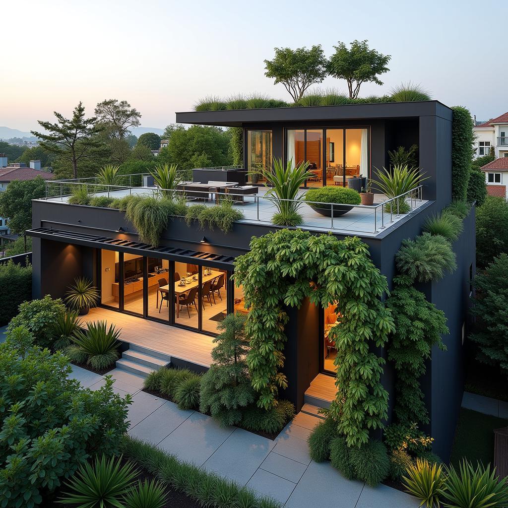 Modern house with a flat roof and a rooftop garden