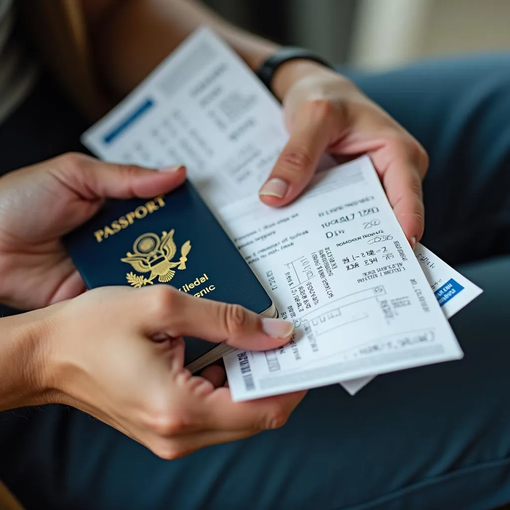 A person checking their flight tickets and passport