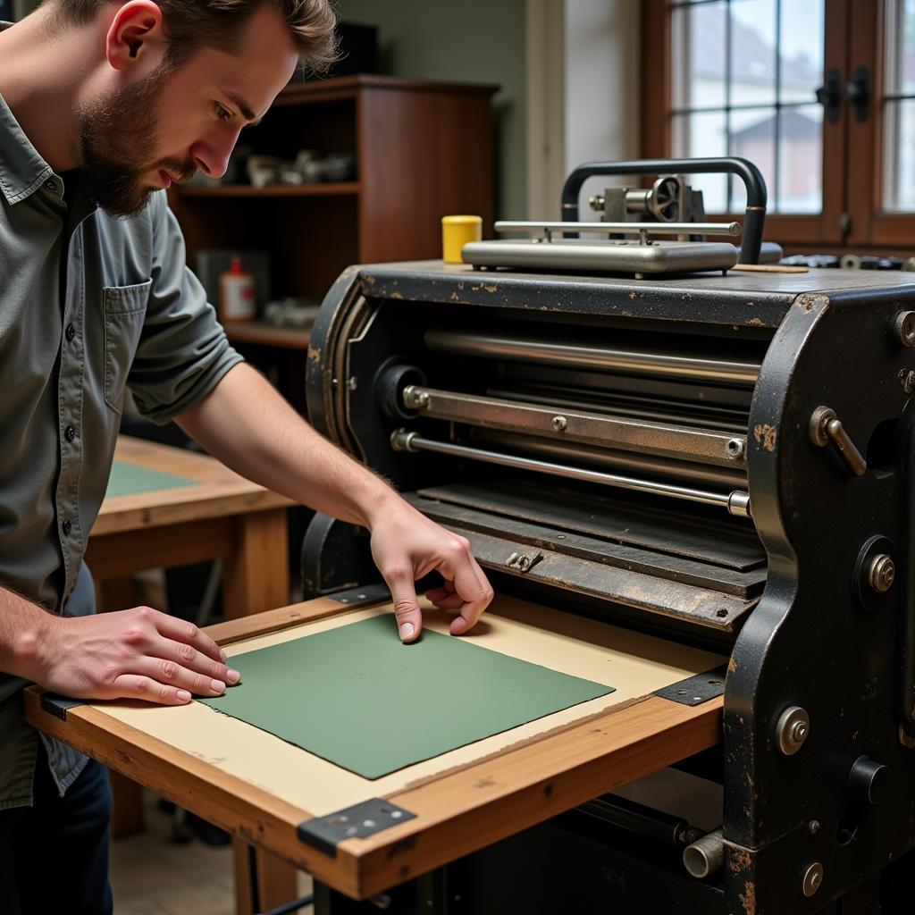 Inspecting a vintage silk screen printing machine before use