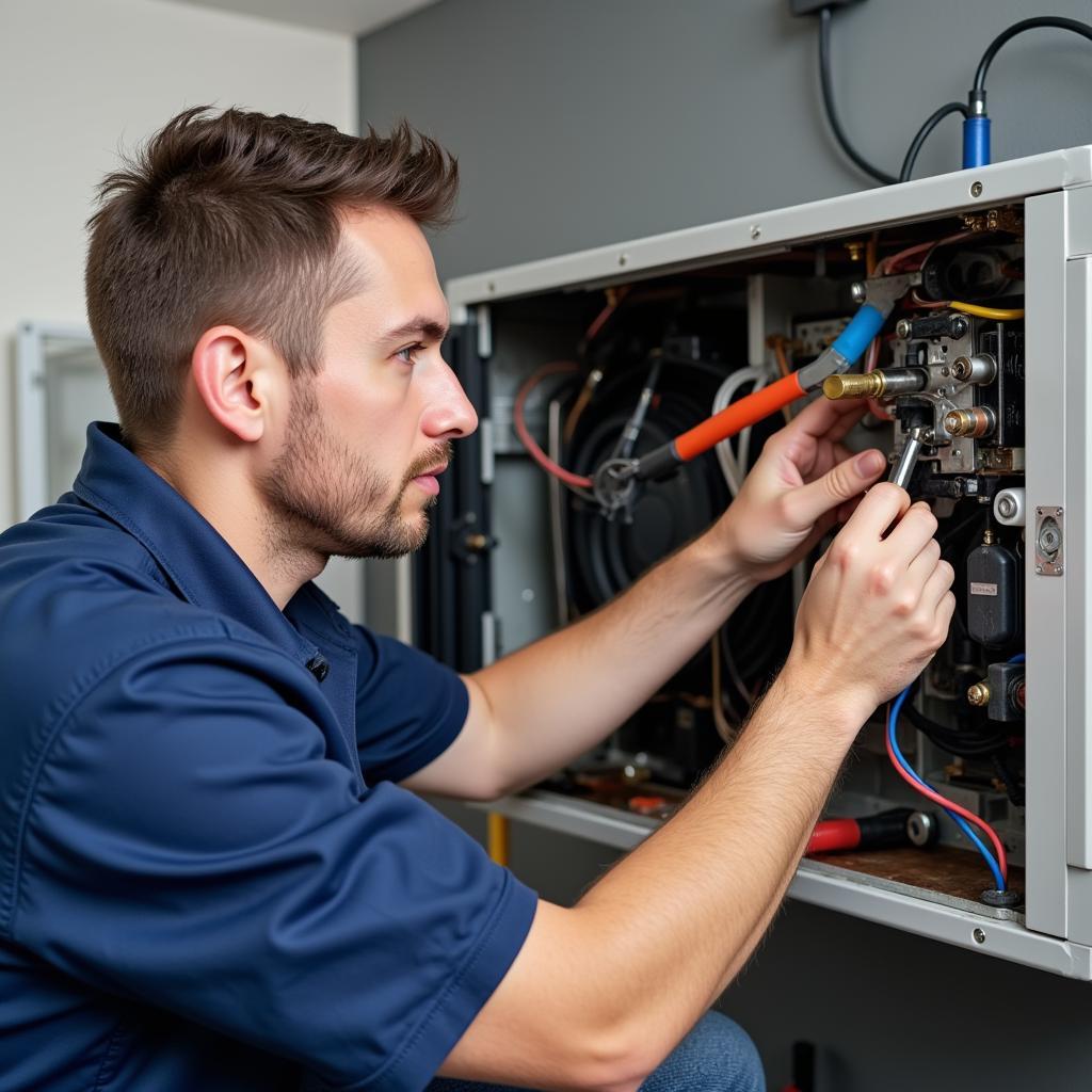 Technician inspecting air conditioner unit.