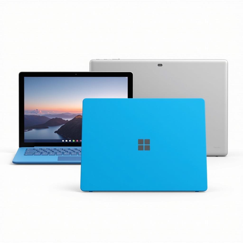 A variety of Microsoft Surface devices are displayed on a table, showcasing different models and color options.