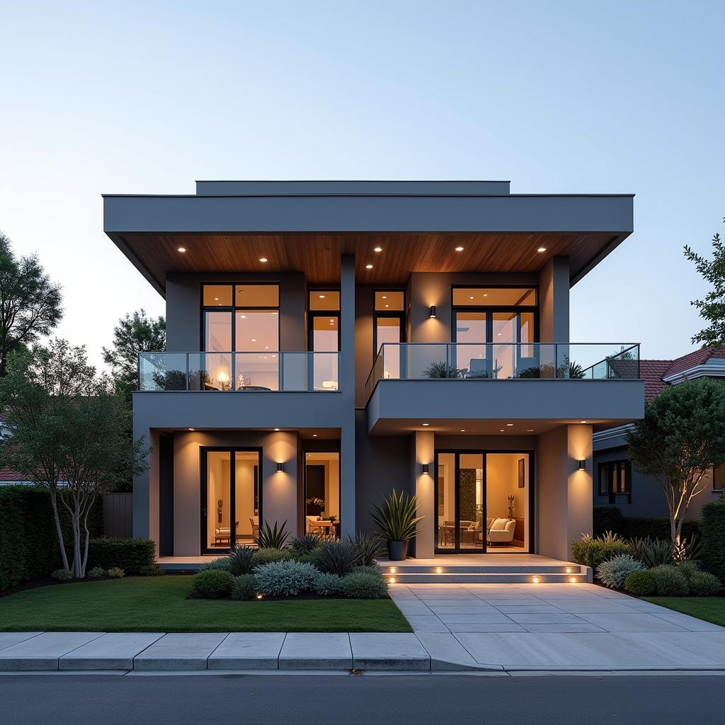 A stunning three-story house with a flat roof design