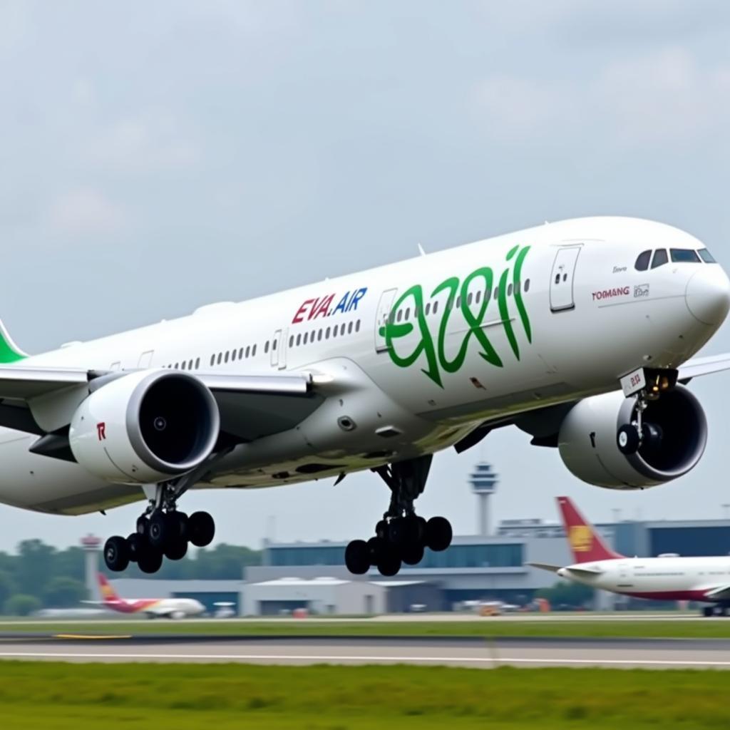 Máy bay EVA Air Boeing 777 đang hạ cánh