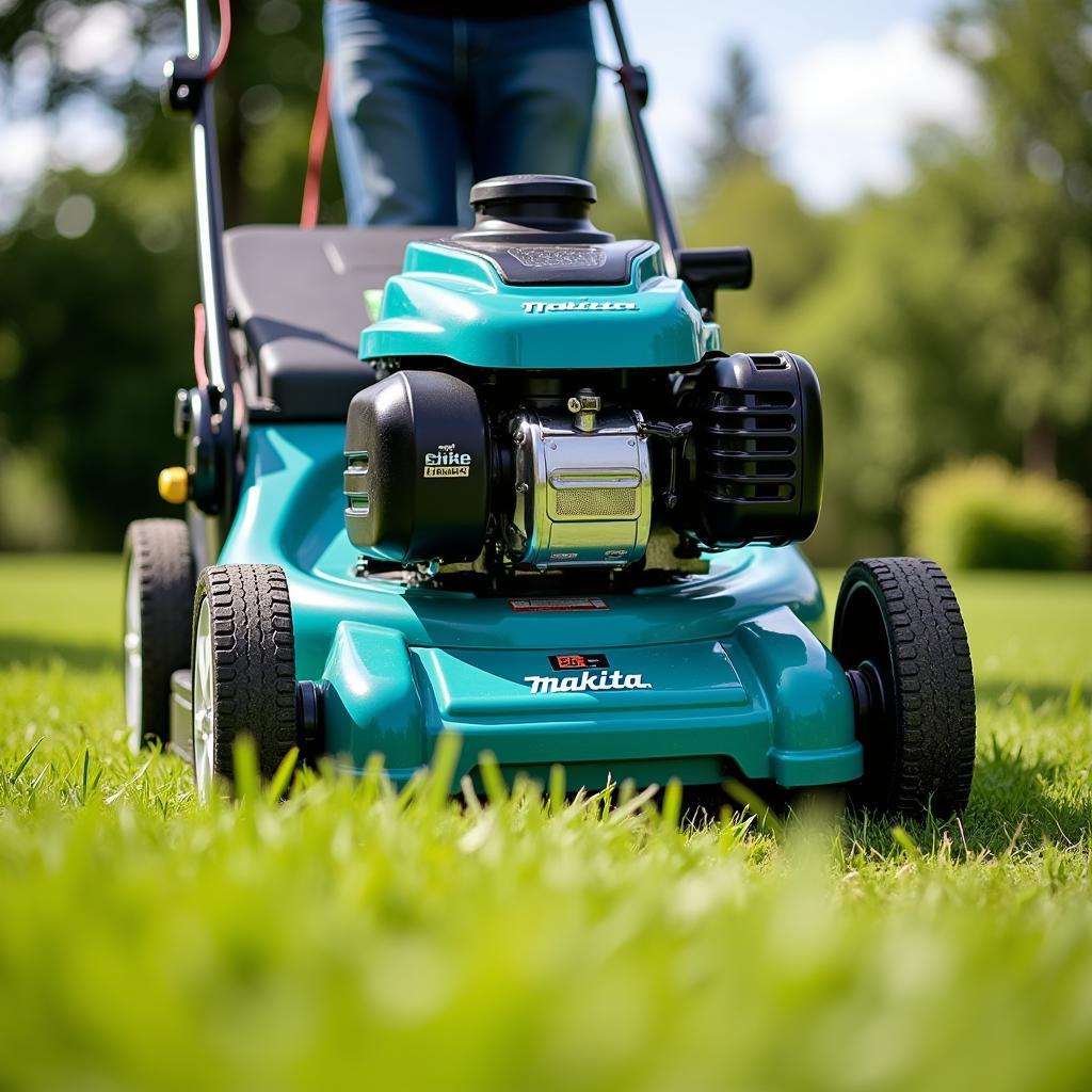 Makita 2-stroke lawn mower in action