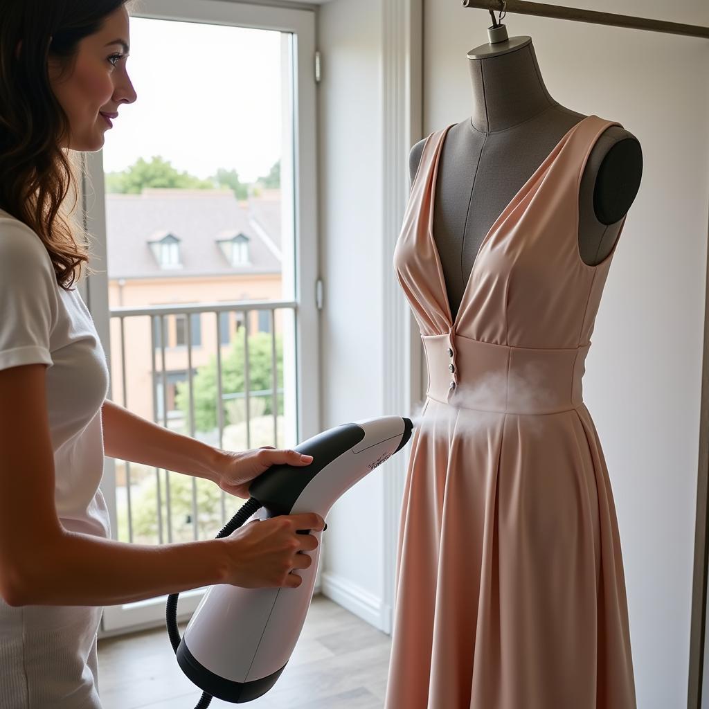 Woman using a garment steamer to remove wrinkles from a dress