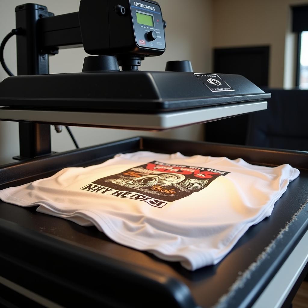 Heat press machine in action