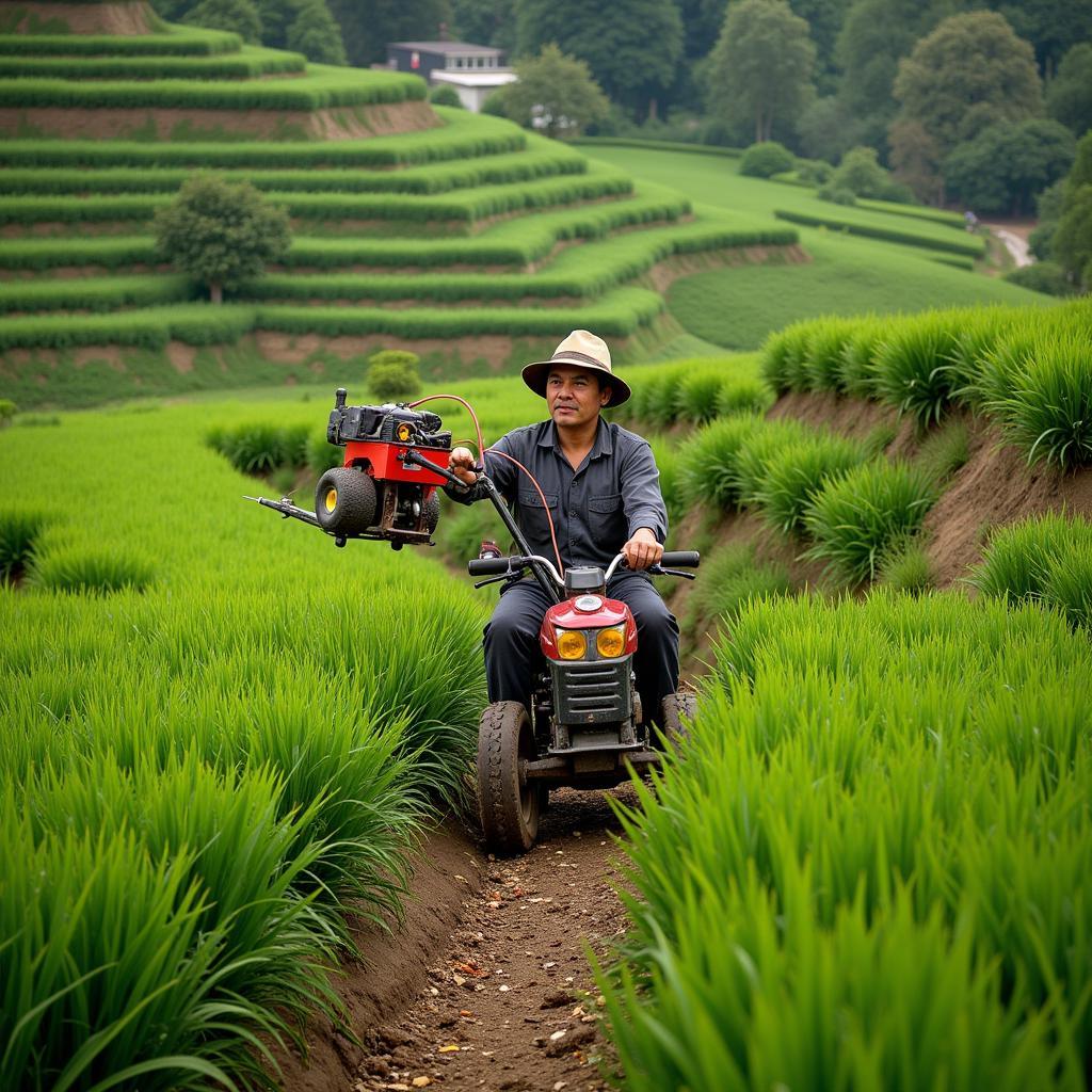 Farmer using a mini handheld harvester on terraced fields