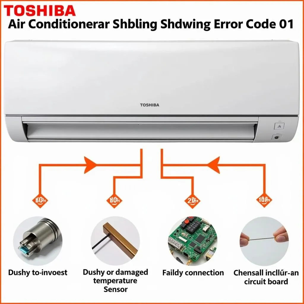 Hình ảnh máy lạnh Toshiba báo lỗi 01, với các nguyên nhân có thể như cảm biến nhiệt độ bám bụi, hỏng, lỗi kết nối hoặc board mạch bị lỗi.