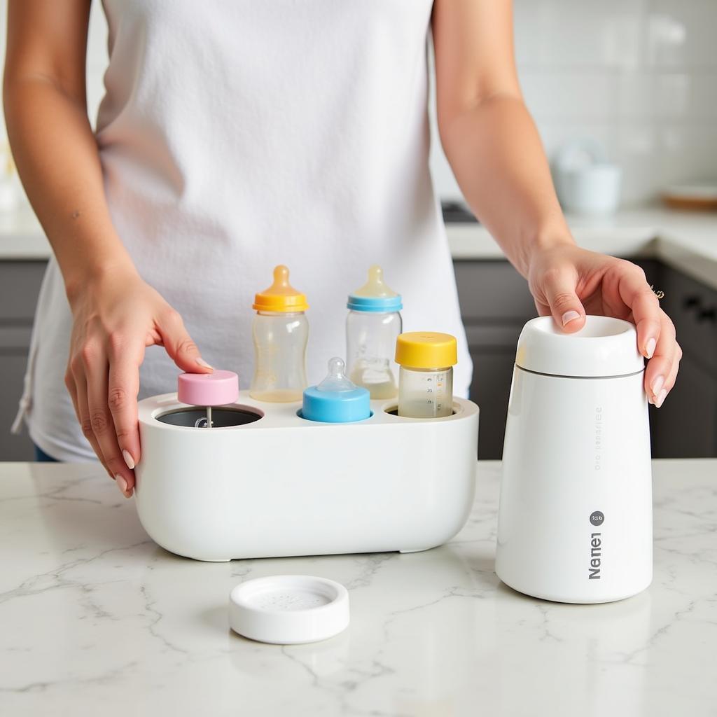 Mother saving time with baby bottle sterilizer