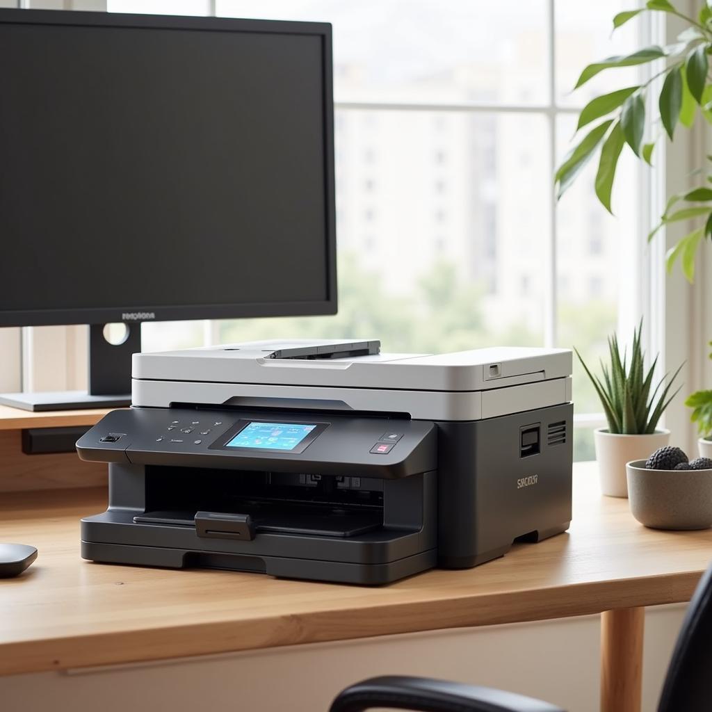 Modern color printer with scanner on top, placed on a desk in a home office setting