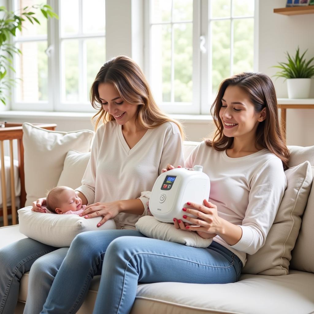 Mẹ bé đang sử dụng máy hút sữa double electric breast pump