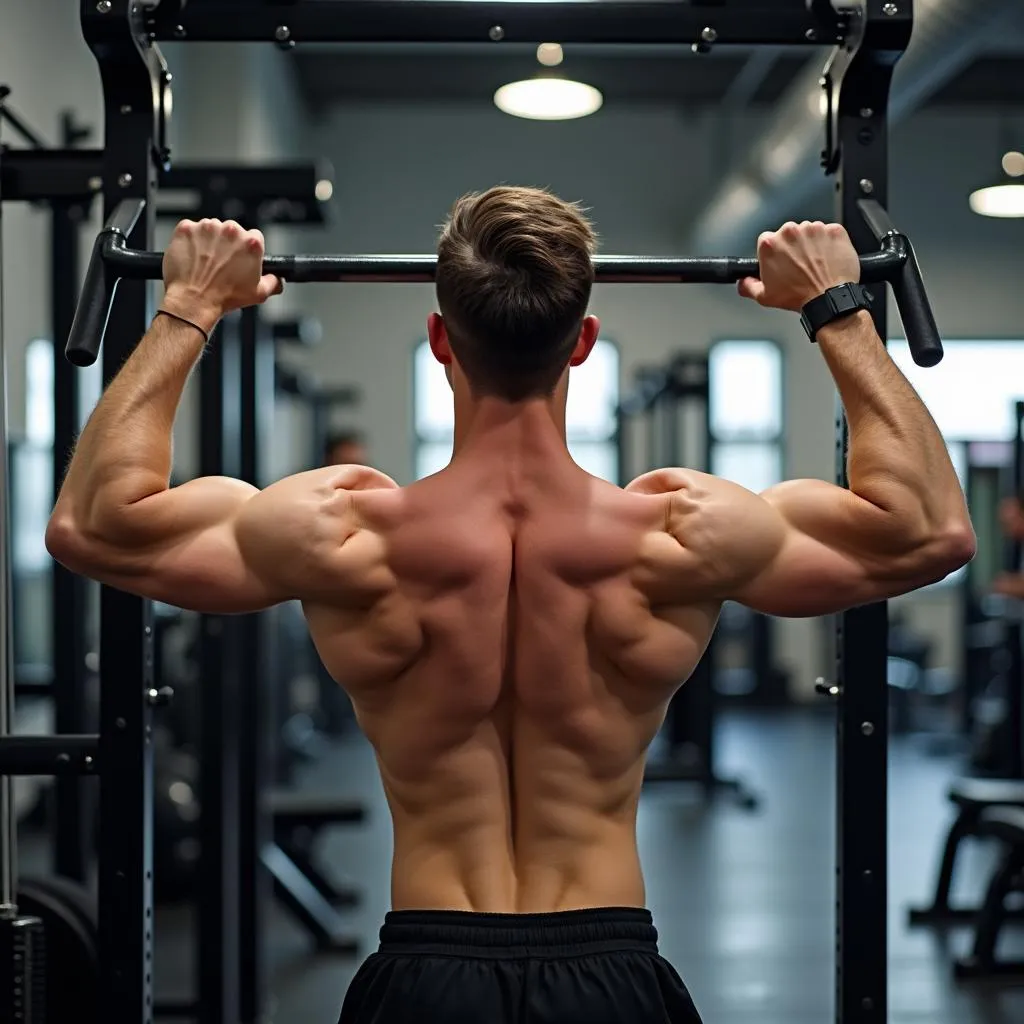 Man exercising his back muscles with a lat pulldown machine in the gym