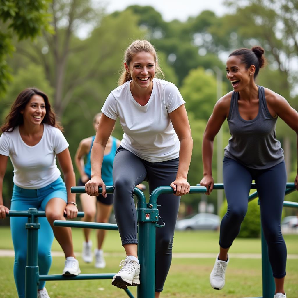 People Exercising with Park Fitness Equipment