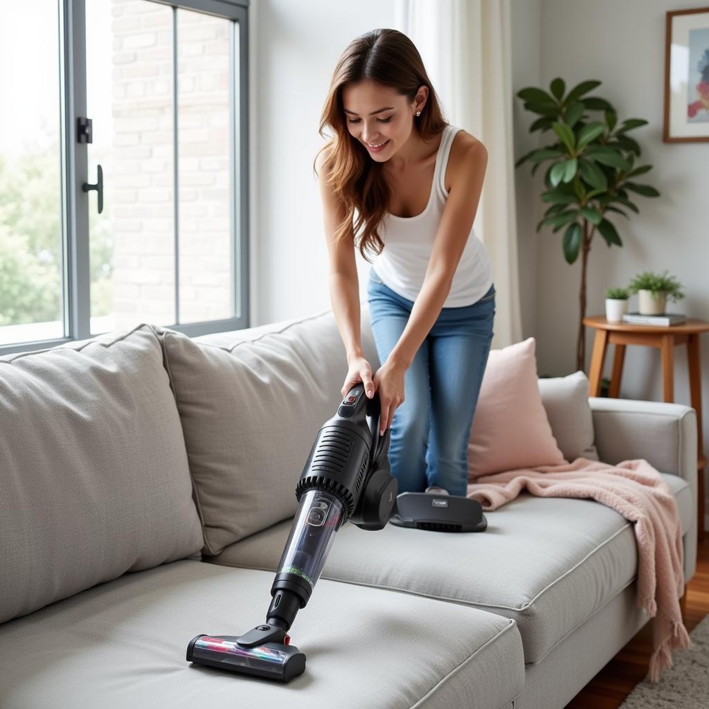 Người phụ nữ đang sử dụng máy hút bụi cầm tay Karcher