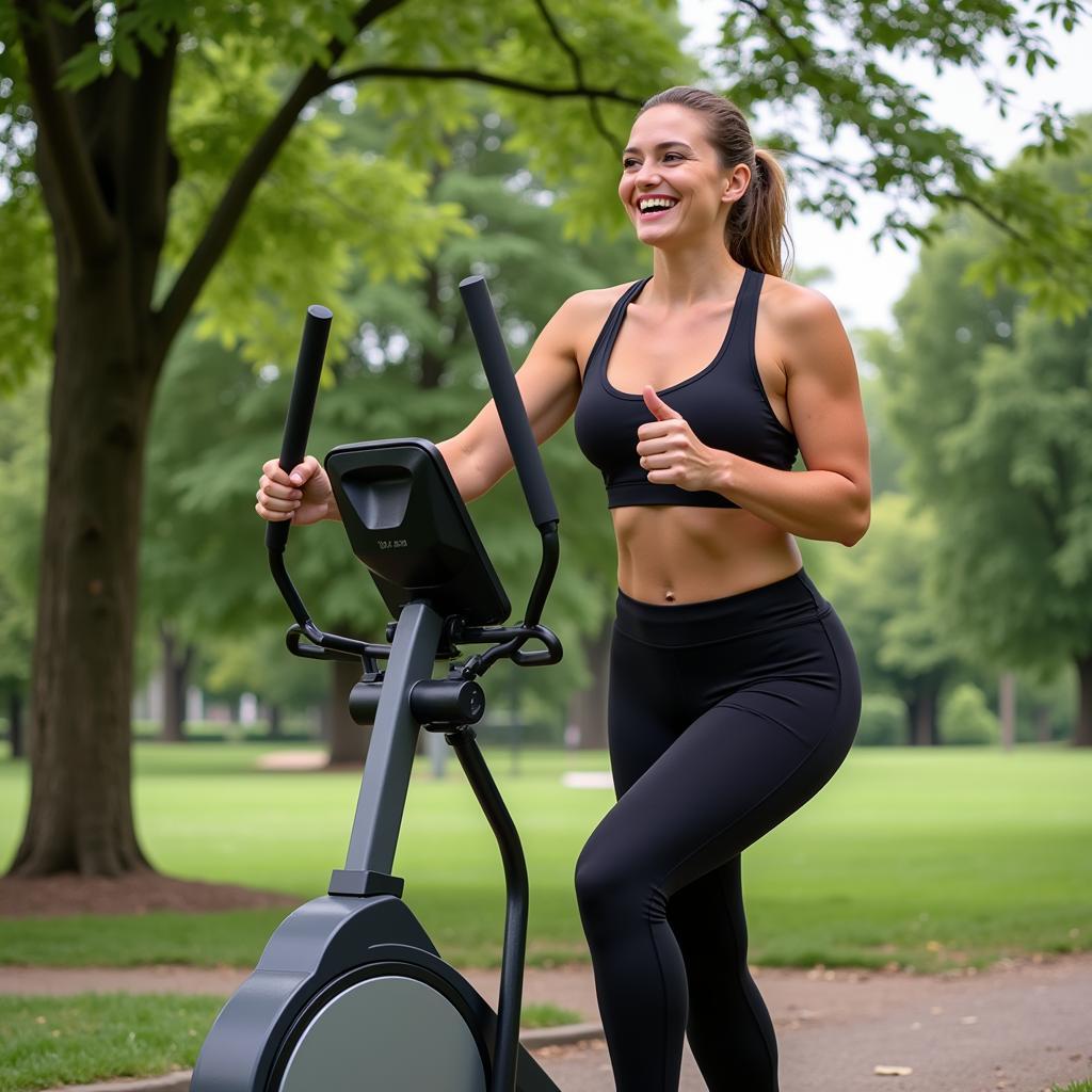 Woman using outdoor fitness equipment