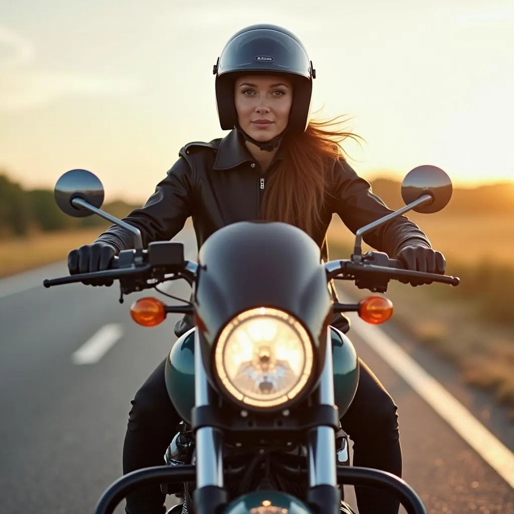 Woman Wearing Helmet Riding Motorcycle