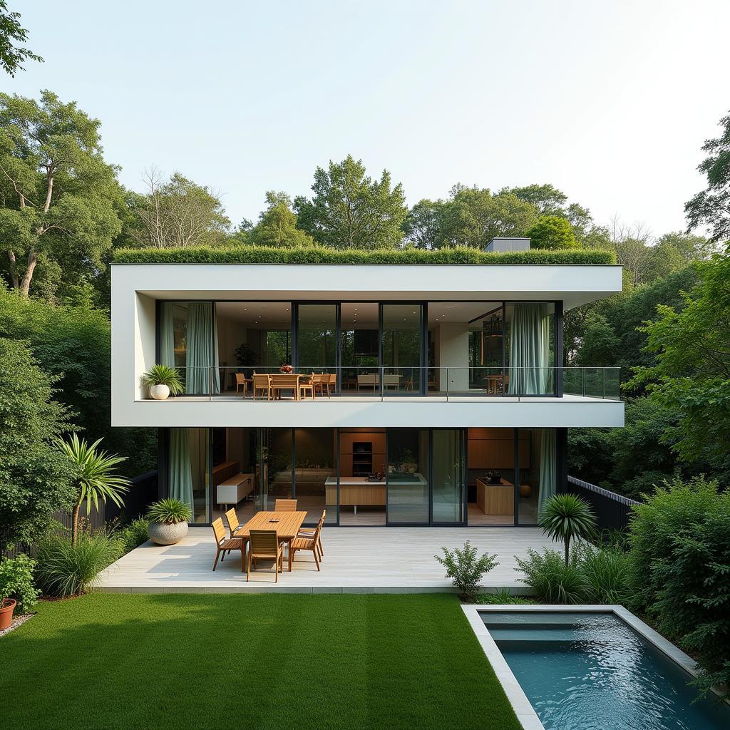 Modern flat roof house with garden