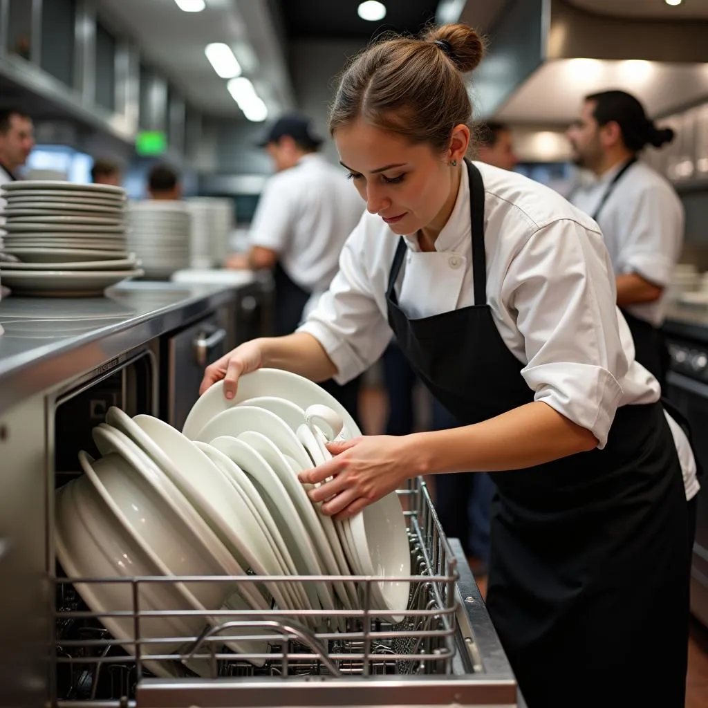 Restaurant staff using a dishwasher