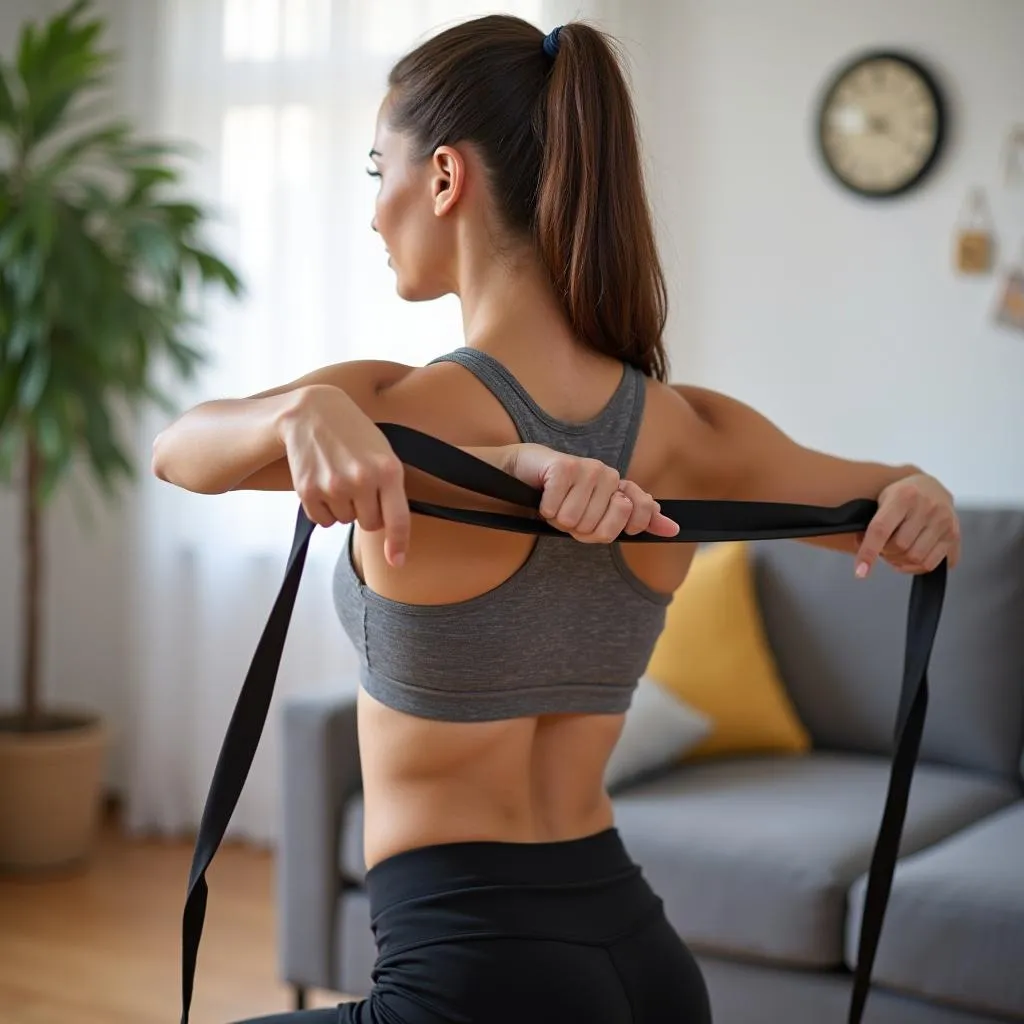 Woman working out with resistance bands at home