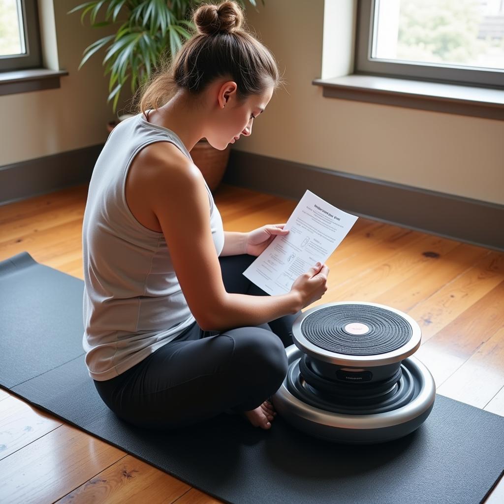 A person reading the instruction manual of a vibration plate