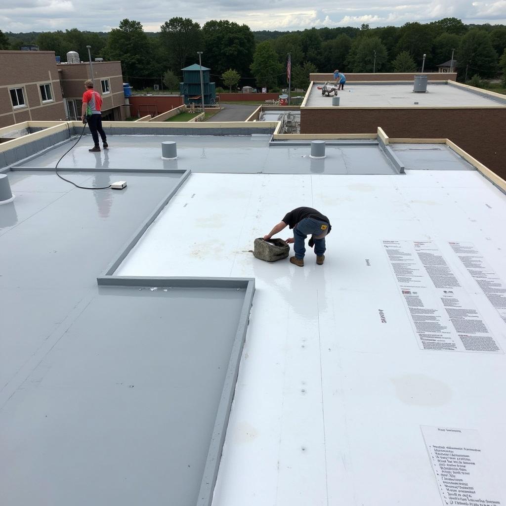 Flat roof construction with waterproofing materials