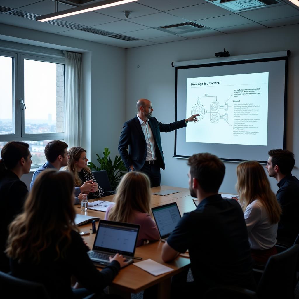 Business presentation using projector in office