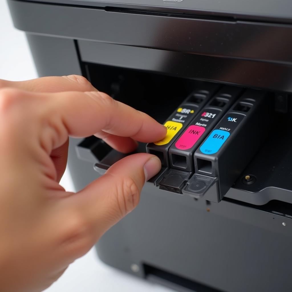 Close-up of a person's hand replacing an ink cartridge in a color printer