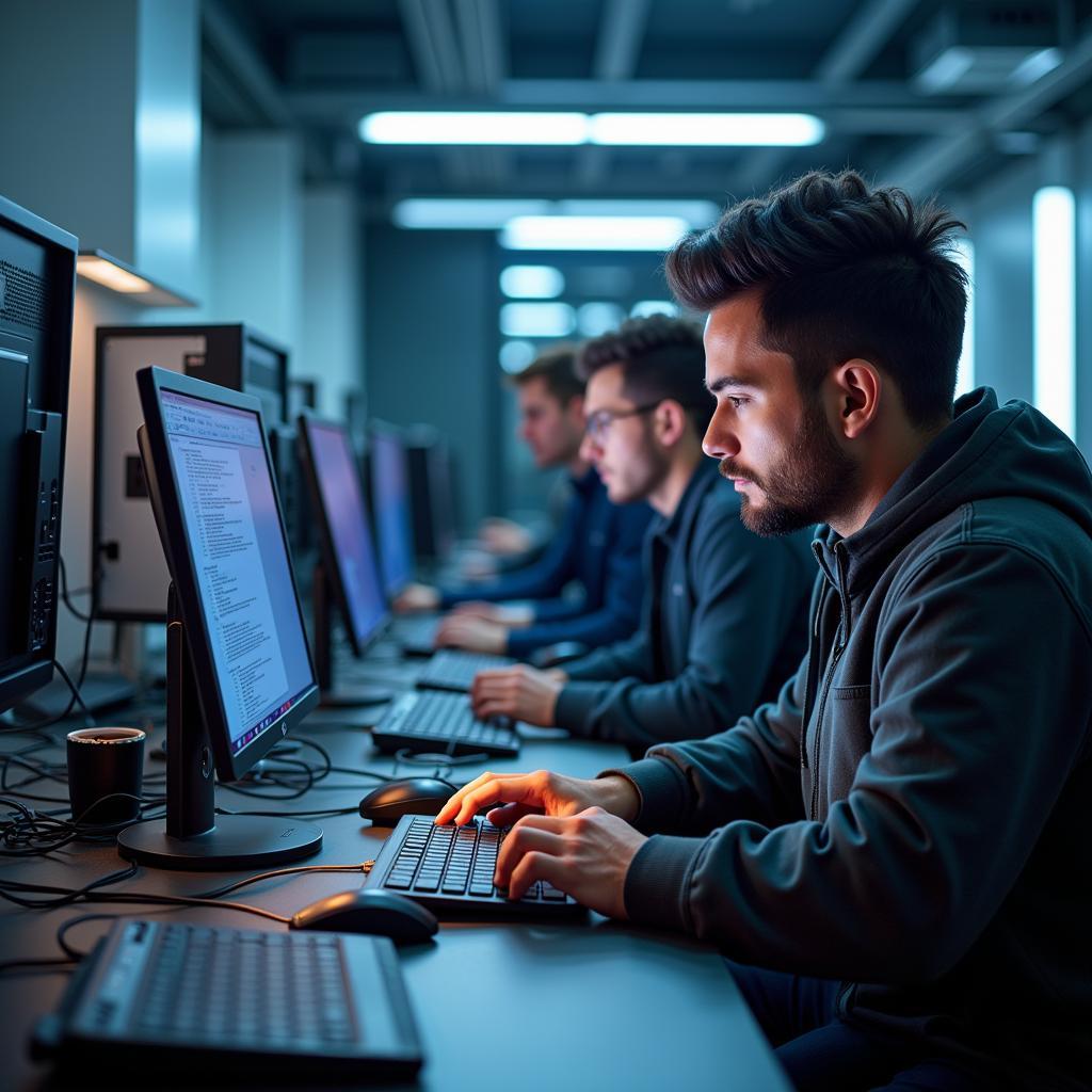 Computer repair center with technicians