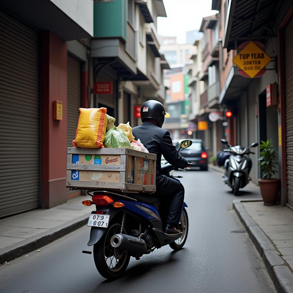 Ba ga xe máy chở hàng luồn lách trong ngõ hẹp