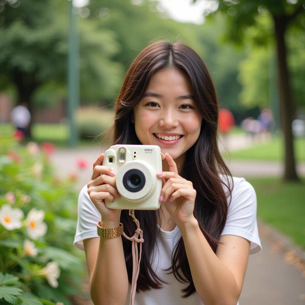 Cô gái đang chụp ảnh bằng máy Instax