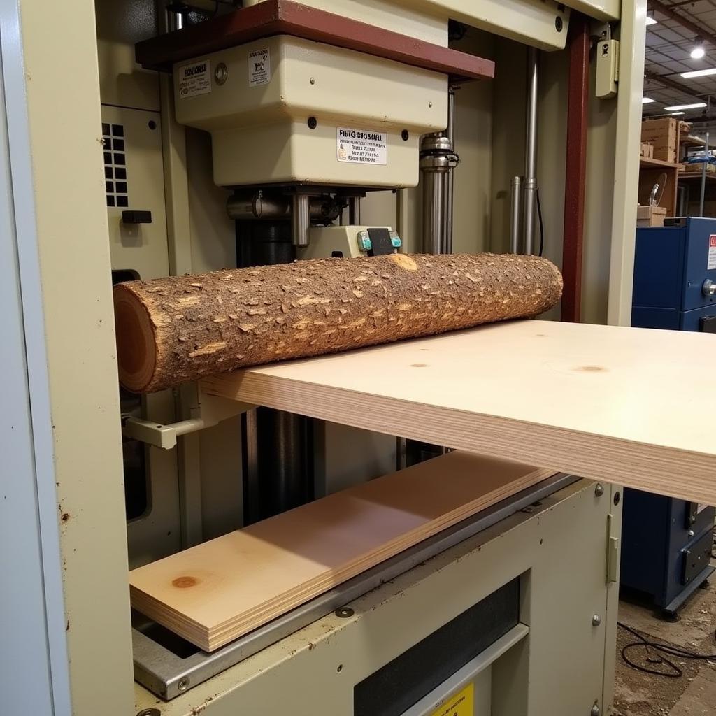 Máy bóc gỗ dạng đứng đang hoạt động