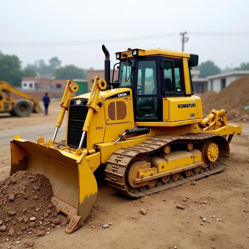 Máy ủi Komatsu cỡ nhỏ làm việc trong công trình xây dựng