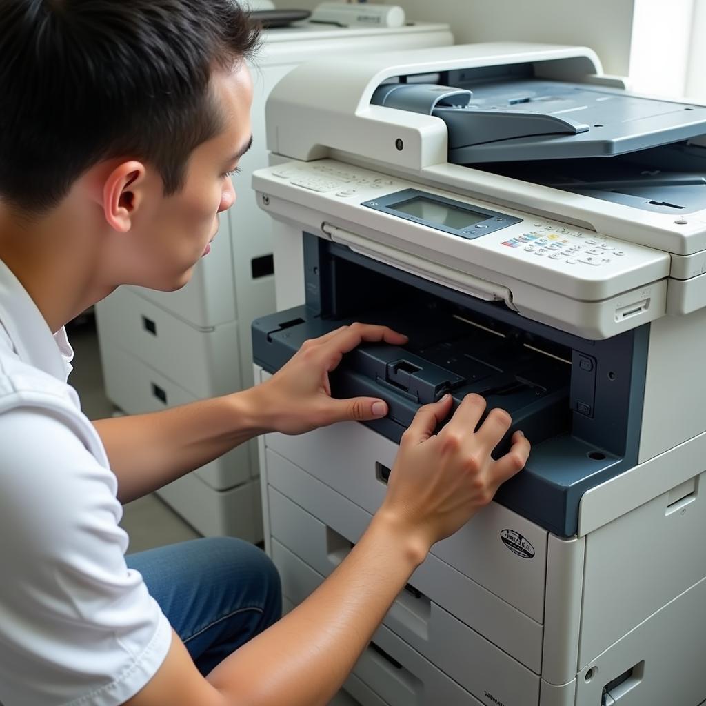 Kỹ thuật viên đang sửa máy photocopy tại Thanh Xuân