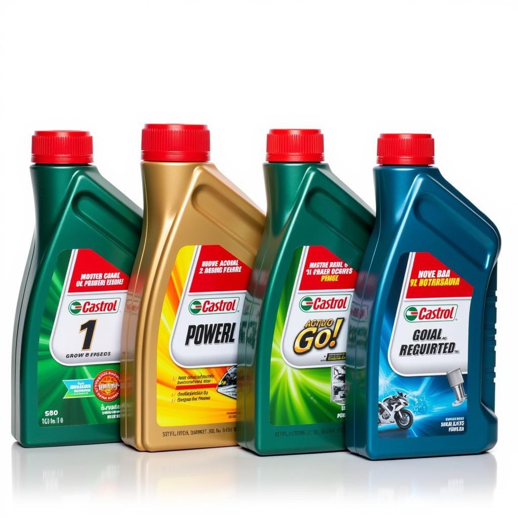 Các loại nhớt xe máy Castrol - Hình ảnh các chai nhớt Castrol Power1, Activo, Go!, Magnatec được sắp xếp cạnh nhau.