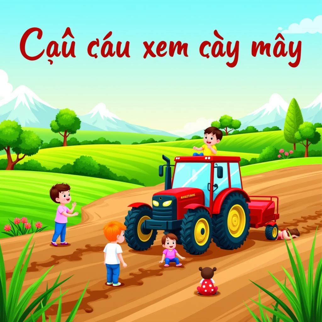 Hình ảnh đồng ruộng và máy cày trong bài hát "Cháu xem cày máy"