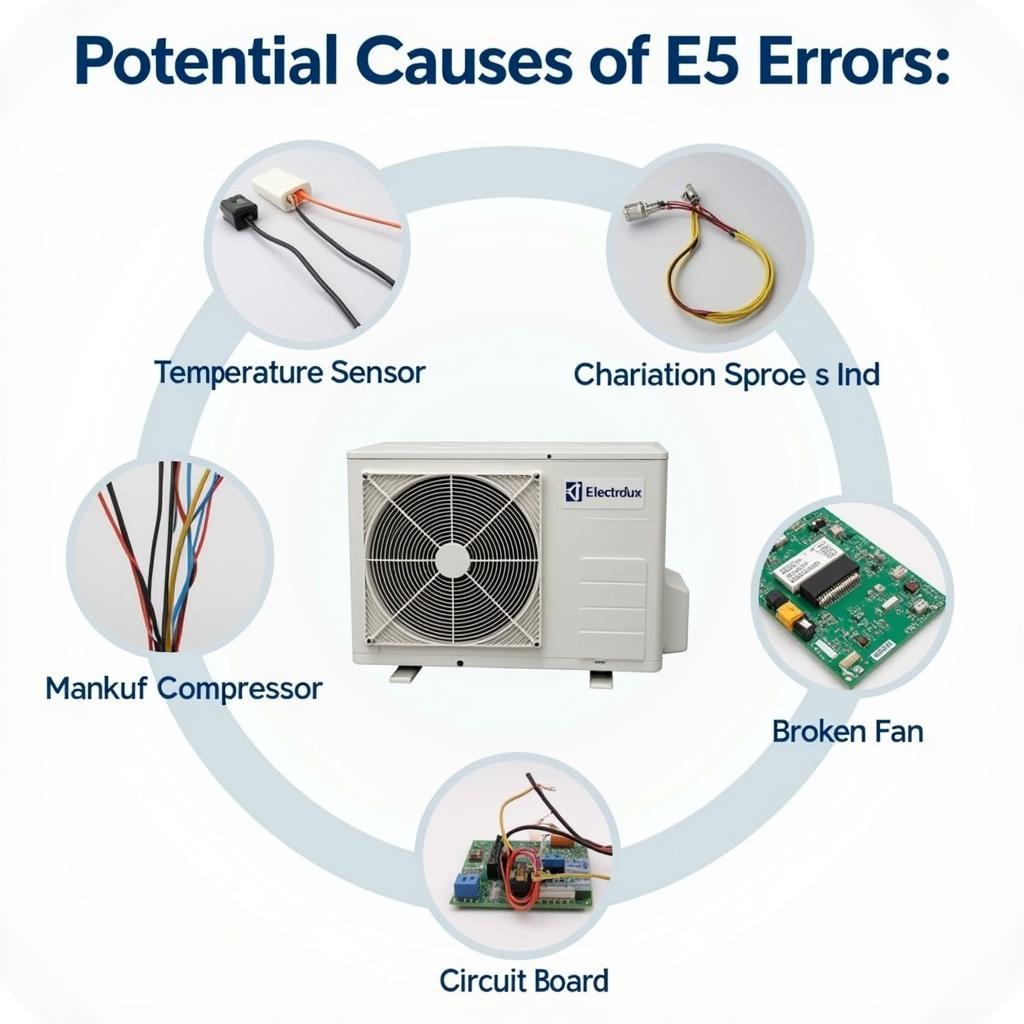 Hình ảnh minh họa các nguyên nhân gây ra lỗi E5 trên máy lạnh Electrolux, bao gồm hỏng cảm biến, đứt dây, hỏng block, hỏng quạt và lỗi board mạch.