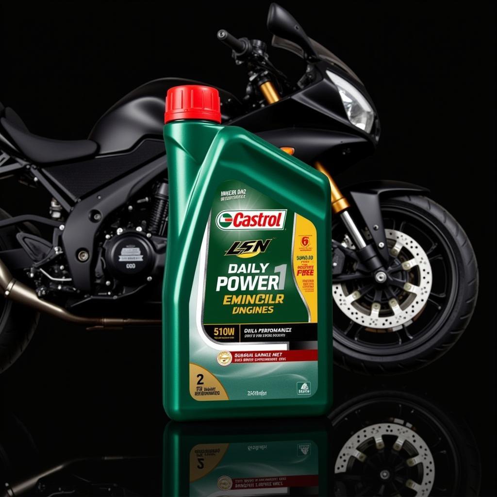 Nhớt xe máy Castrol Power1 - Hình ảnh chai nhớt Castrol Power1 trên nền động cơ xe máy.