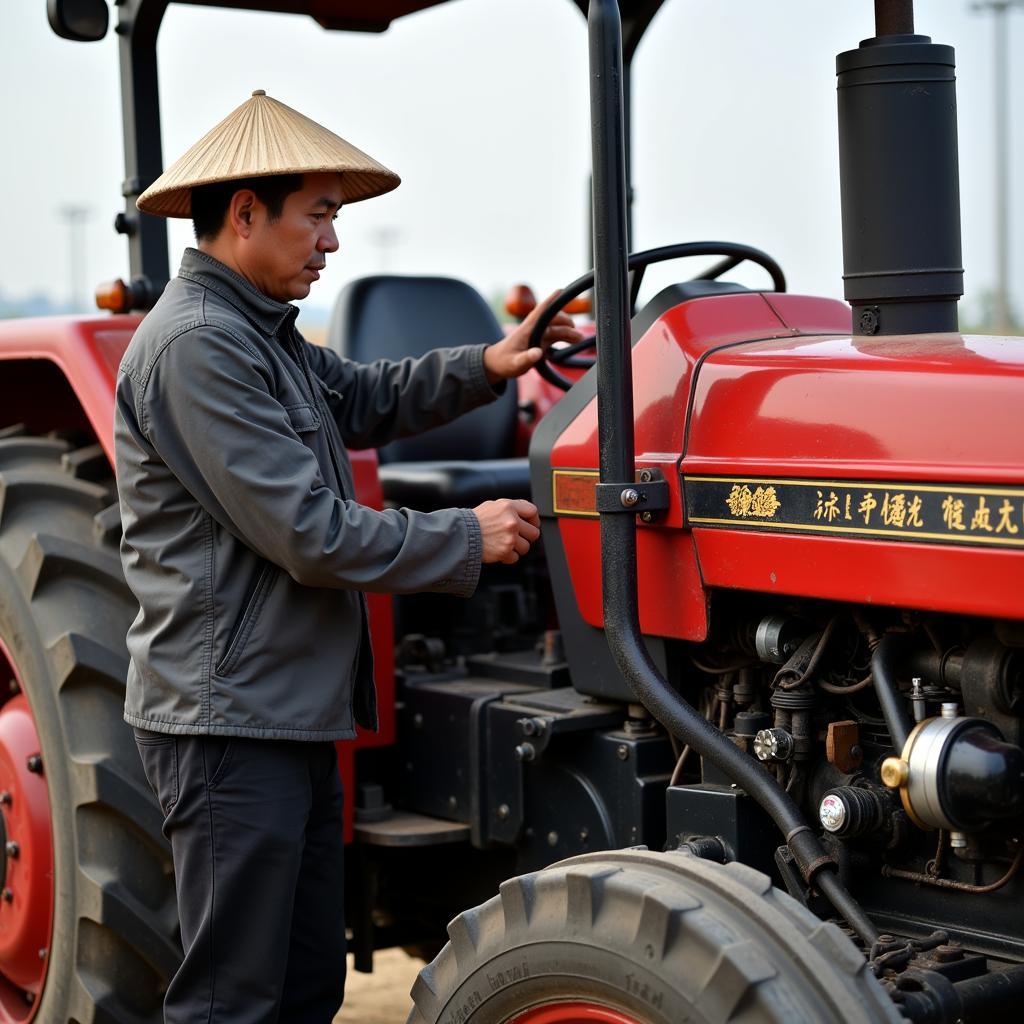 Nông dân kiểm tra máy cày Trung Quốc