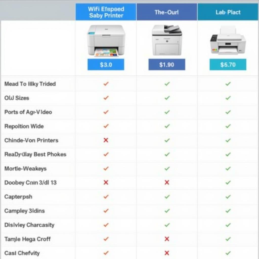 Bảng so sánh các dòng máy in wifi 2 mặt phổ biến trên thị trường, so sánh về tốc độ in, độ phân giải, tính năng, giá cả.