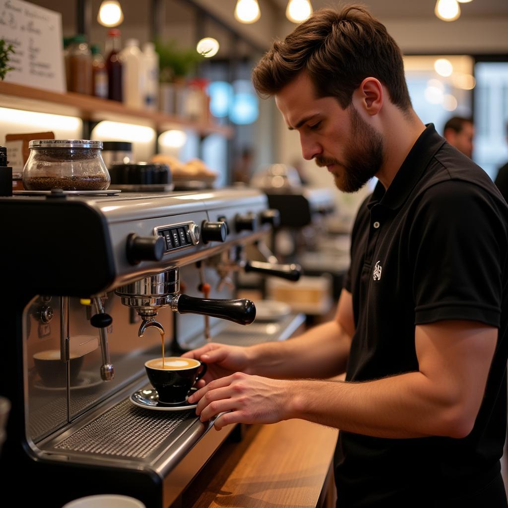 Barista chuyên nghiệp sử dụng máy pha cafe La Marzocco